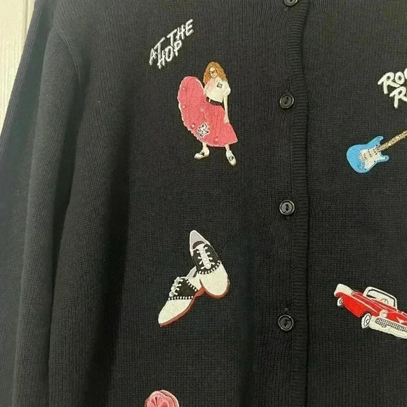 Tia Designs Womens Medium Sock Hop 1950s Embroidered Button Cardigan Sweater VTG - Picture 2 of 9